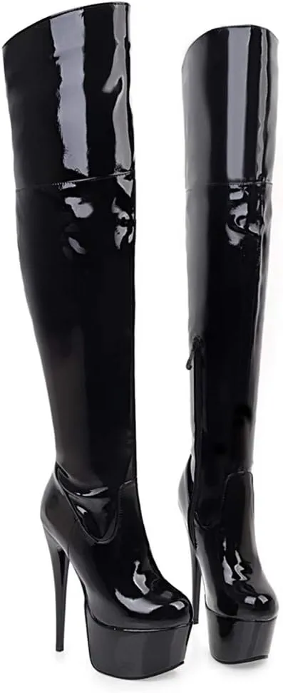 AIMODOR Womens Patent Over The Knee Platform Thigh High Stiletto Boots Heels Zipper