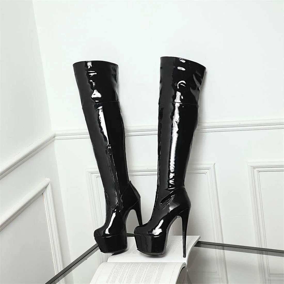 AIMODOR Womens Patent Over The Knee Platform Thigh High Stiletto Boots Heels Zipper