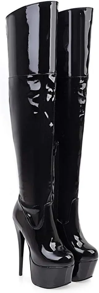 AIMODOR Womens Patent Over The Knee Platform Thigh High Stiletto Boots Heels Zipper
