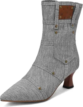 BEAUPAS Women's Denim Kitten Heel Boots Pointed Toe Low Heel Ankle Boots Chunky Vintage Zip Shoes
