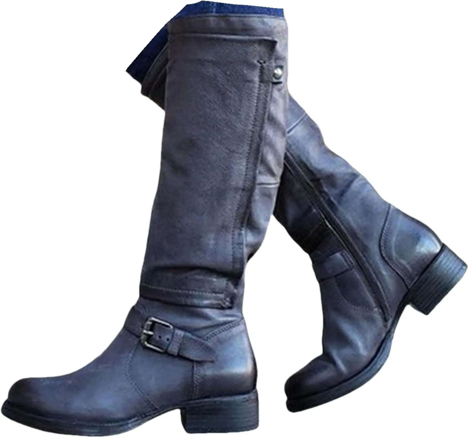 Boots For Women Knee High Wide Calf Leather Mid Calf Dress Boots Winter Fashion Western Biker Motorcycle Riding Boots