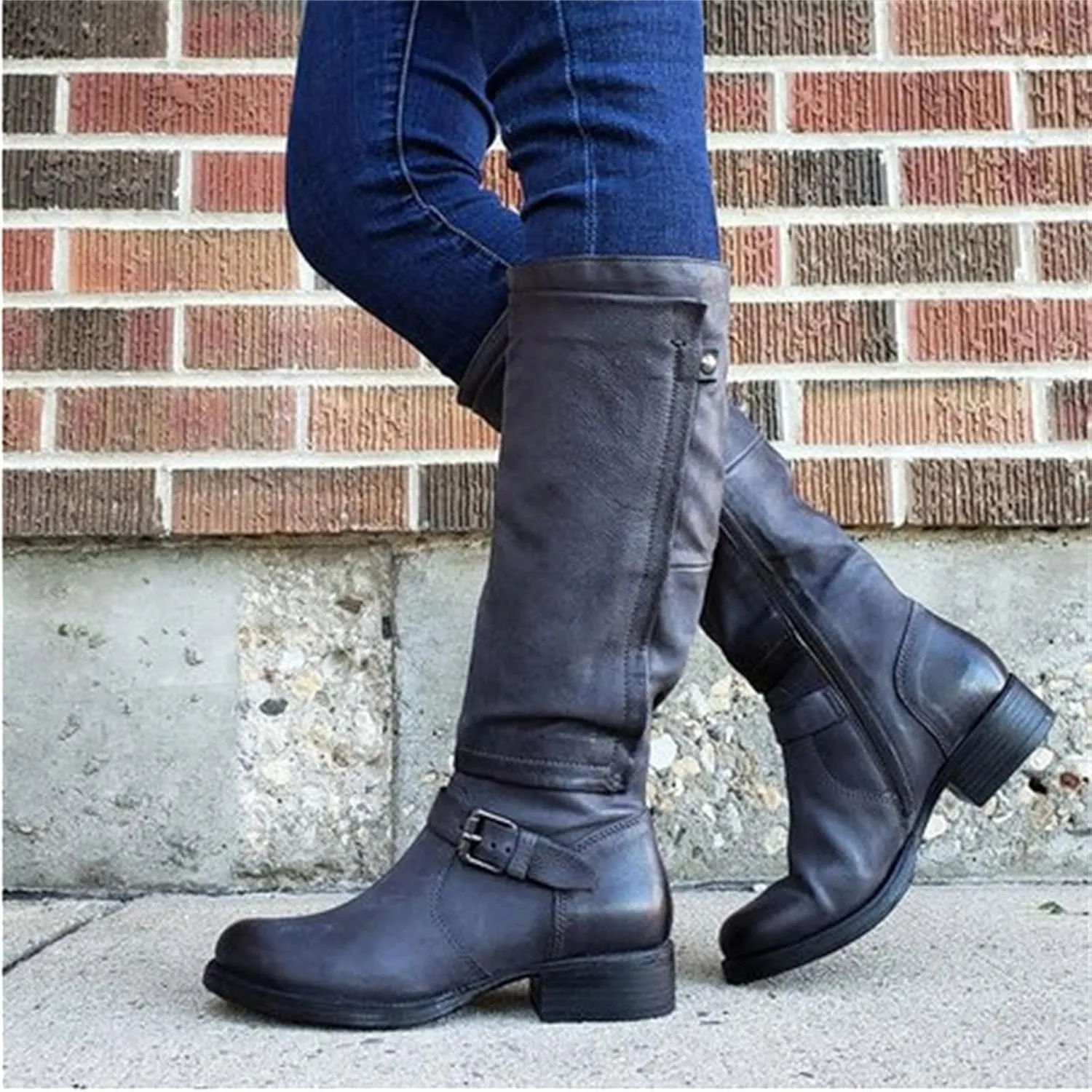 Boots For Women Knee High Wide Calf Leather Mid Calf Dress Boots Winter Fashion Western Biker Motorcycle Riding Boots