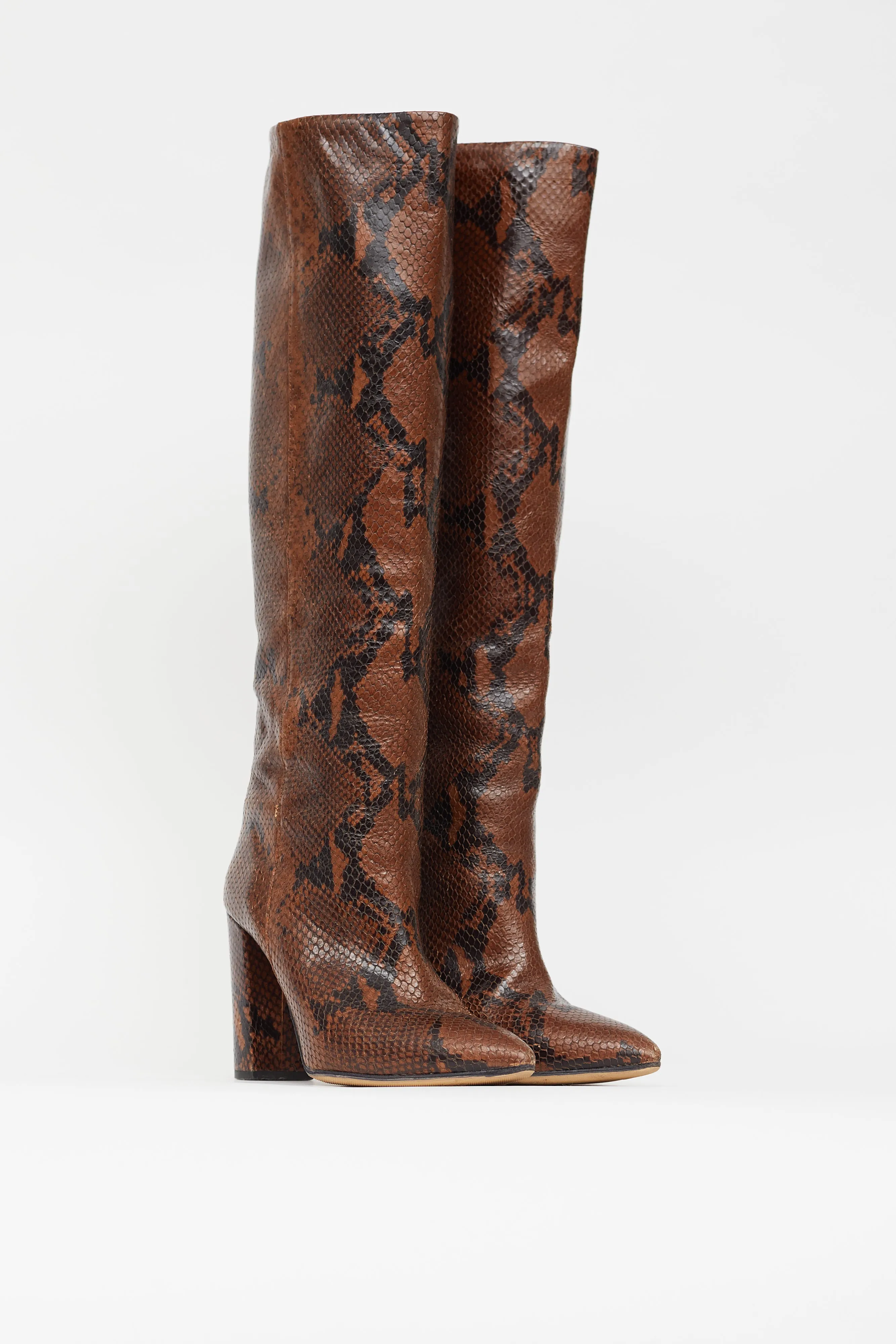 Brown & Black Textured Leather High Heeled Boot