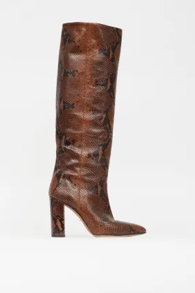 Brown & Black Textured Leather High Heeled Boot