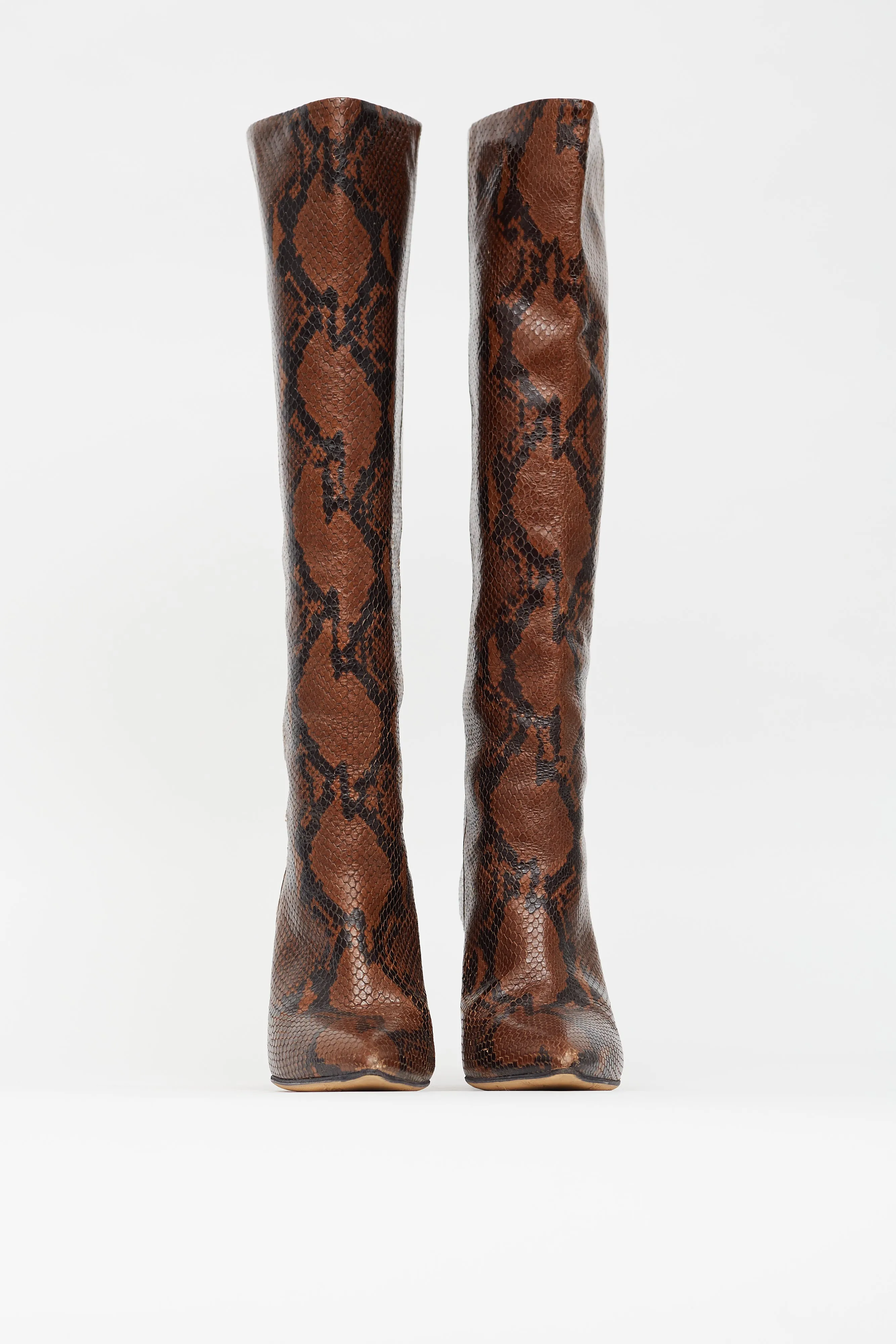 Brown & Black Textured Leather High Heeled Boot
