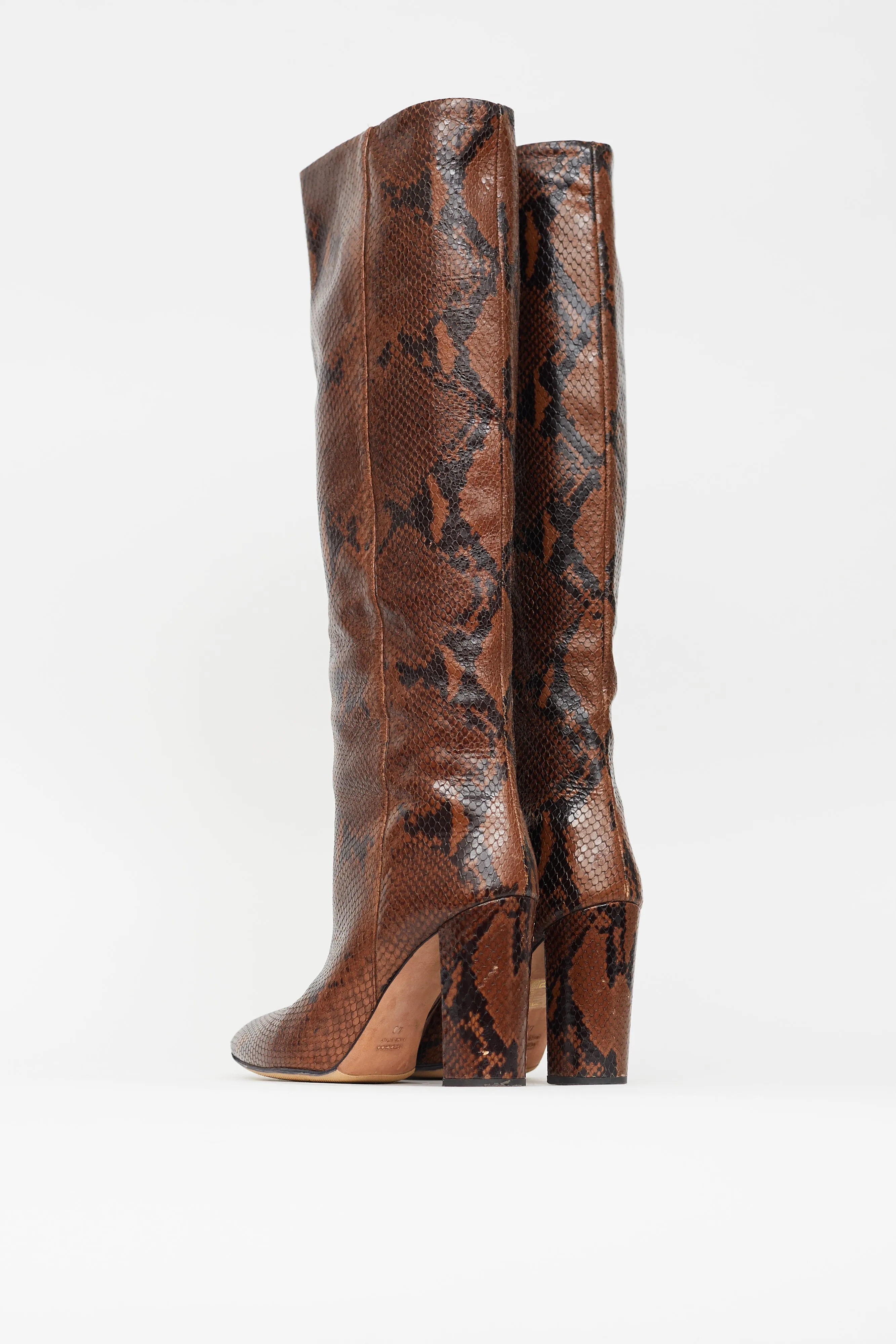 Brown & Black Textured Leather High Heeled Boot