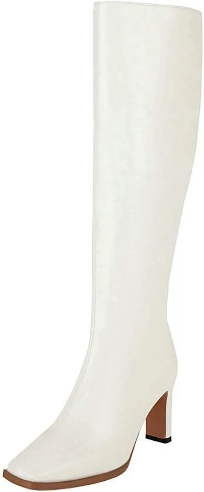 Caradise Womens Zip Up Square Toe High Chunky Heel Knee High Heeled Boots