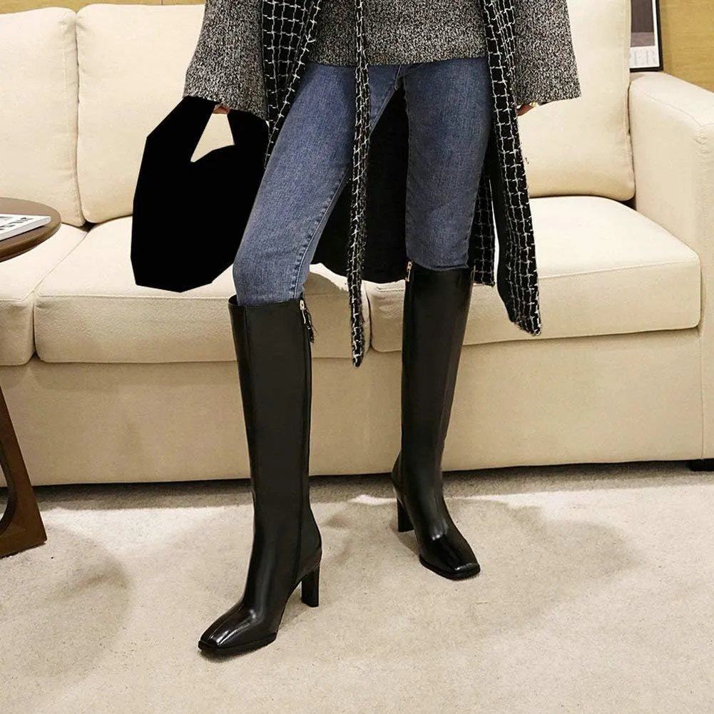 Caradise Womens Zip Up Square Toe High Chunky Heel Knee High Heeled Boots