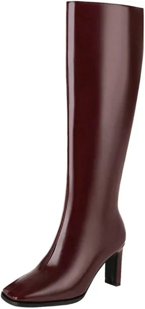 Caradise Womens Zip Up Square Toe High Chunky Heel Knee High Heeled Boots