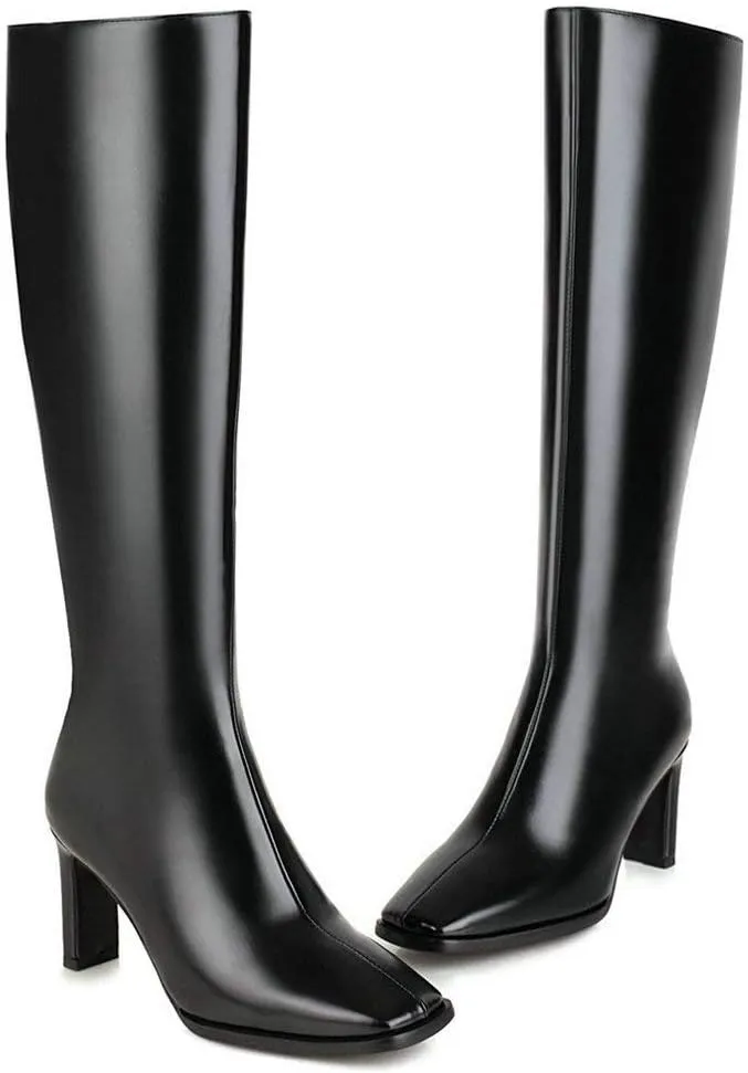 Caradise Womens Zip Up Square Toe High Chunky Heel Knee High Heeled Boots