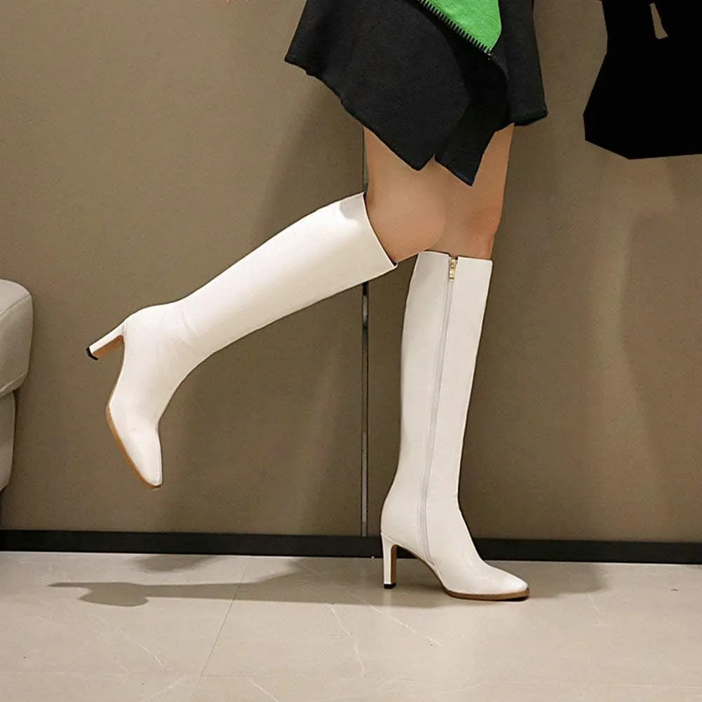 Caradise Womens Zip Up Square Toe High Chunky Heel Knee High Heeled Boots