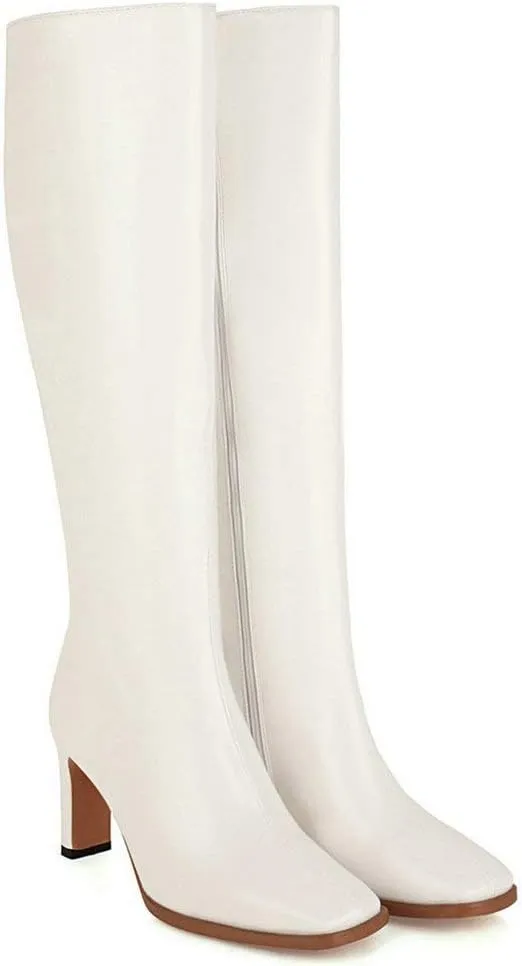 Caradise Womens Zip Up Square Toe High Chunky Heel Knee High Heeled Boots