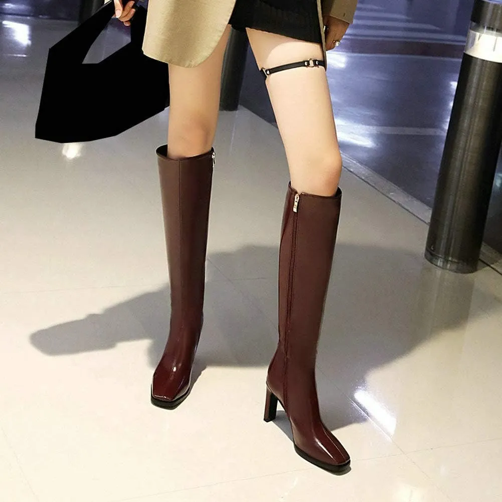 Caradise Womens Zip Up Square Toe High Chunky Heel Knee High Heeled Boots