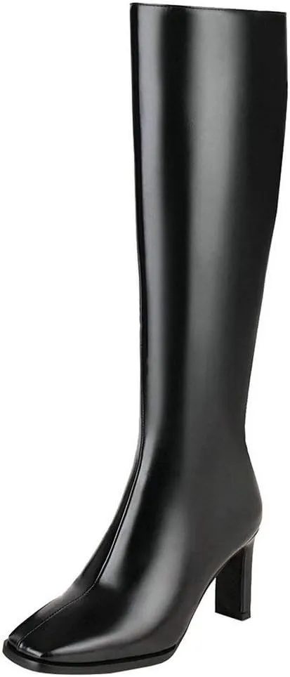 Caradise Womens Zip Up Square Toe High Chunky Heel Knee High Heeled Boots