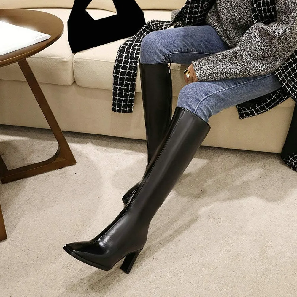 Caradise Womens Zip Up Square Toe High Chunky Heel Knee High Heeled Boots
