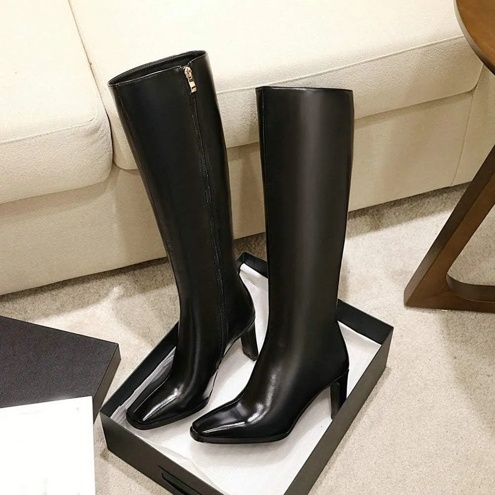 Caradise Womens Zip Up Square Toe High Chunky Heel Knee High Heeled Boots