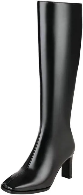 Caradise Womens Zip Up Square Toe High Chunky Heel Knee High Heeled Boots