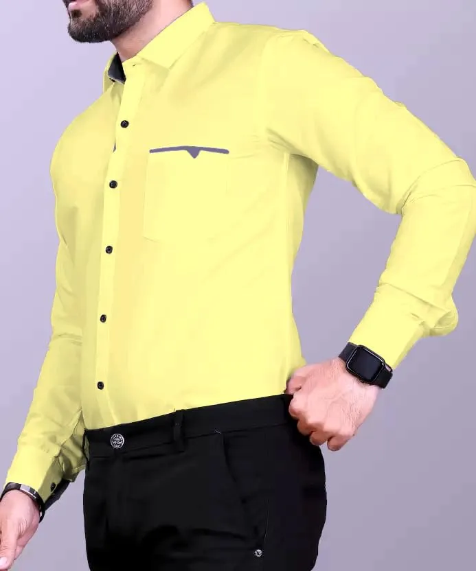 CB-COLEBROOK Men Regular Fit Solid Spread Collar Casual Shirt (Small, Butter Yellow)