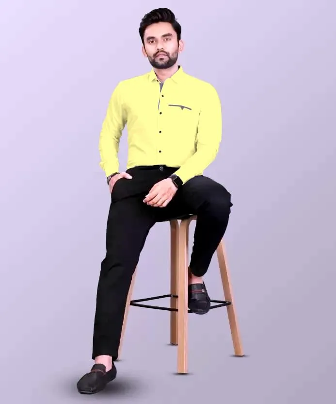 CB-COLEBROOK Men Regular Fit Solid Spread Collar Casual Shirt (Small, Butter Yellow)