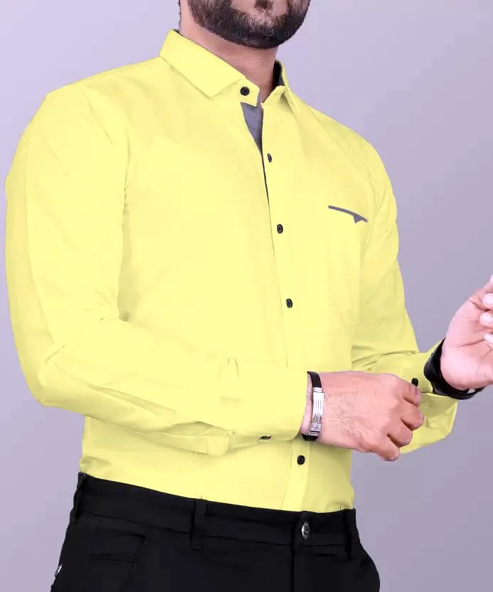 CB-COLEBROOK Men Regular Fit Solid Spread Collar Casual Shirt (Small, Butter Yellow)