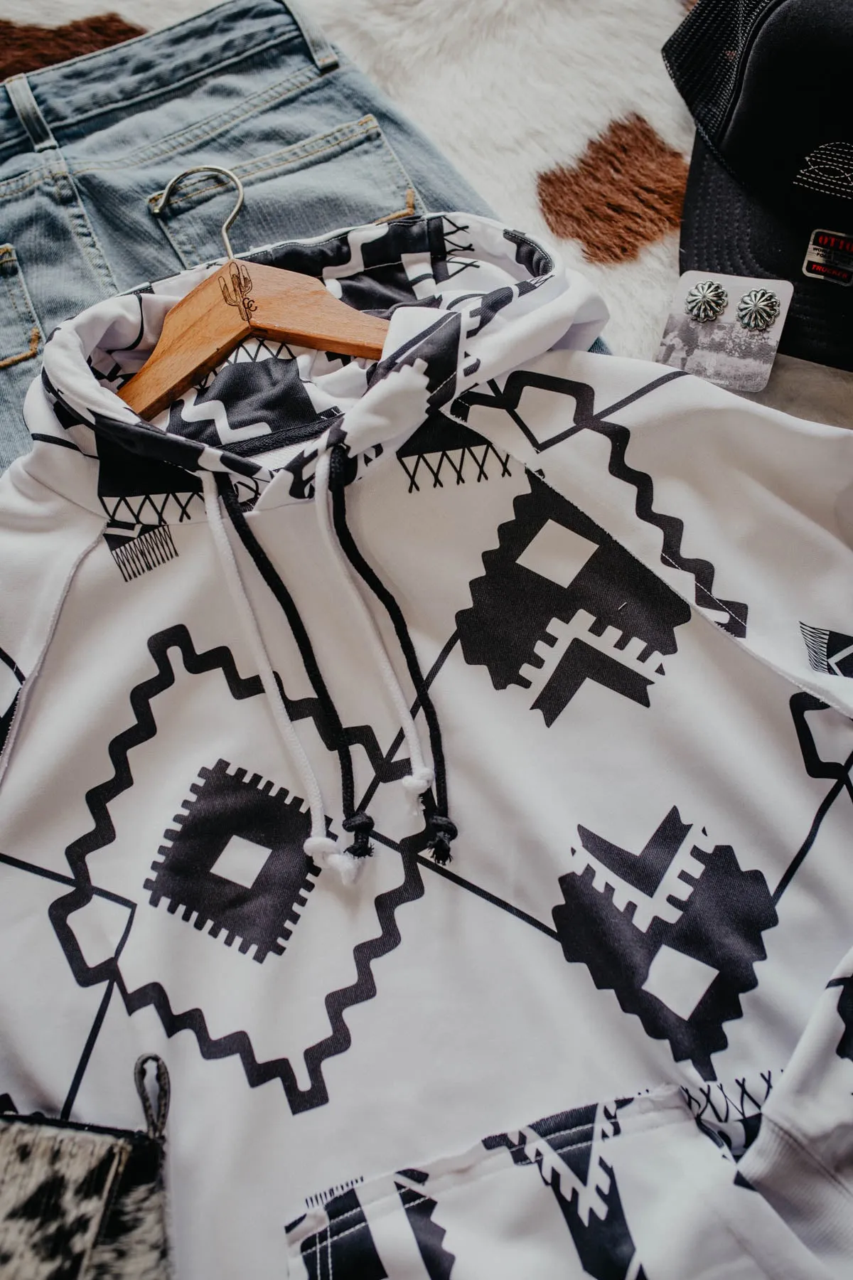 'Chaparral' Women's Hooey High Contrast Black / White Aztec Print Hoodie (L, XL Only)