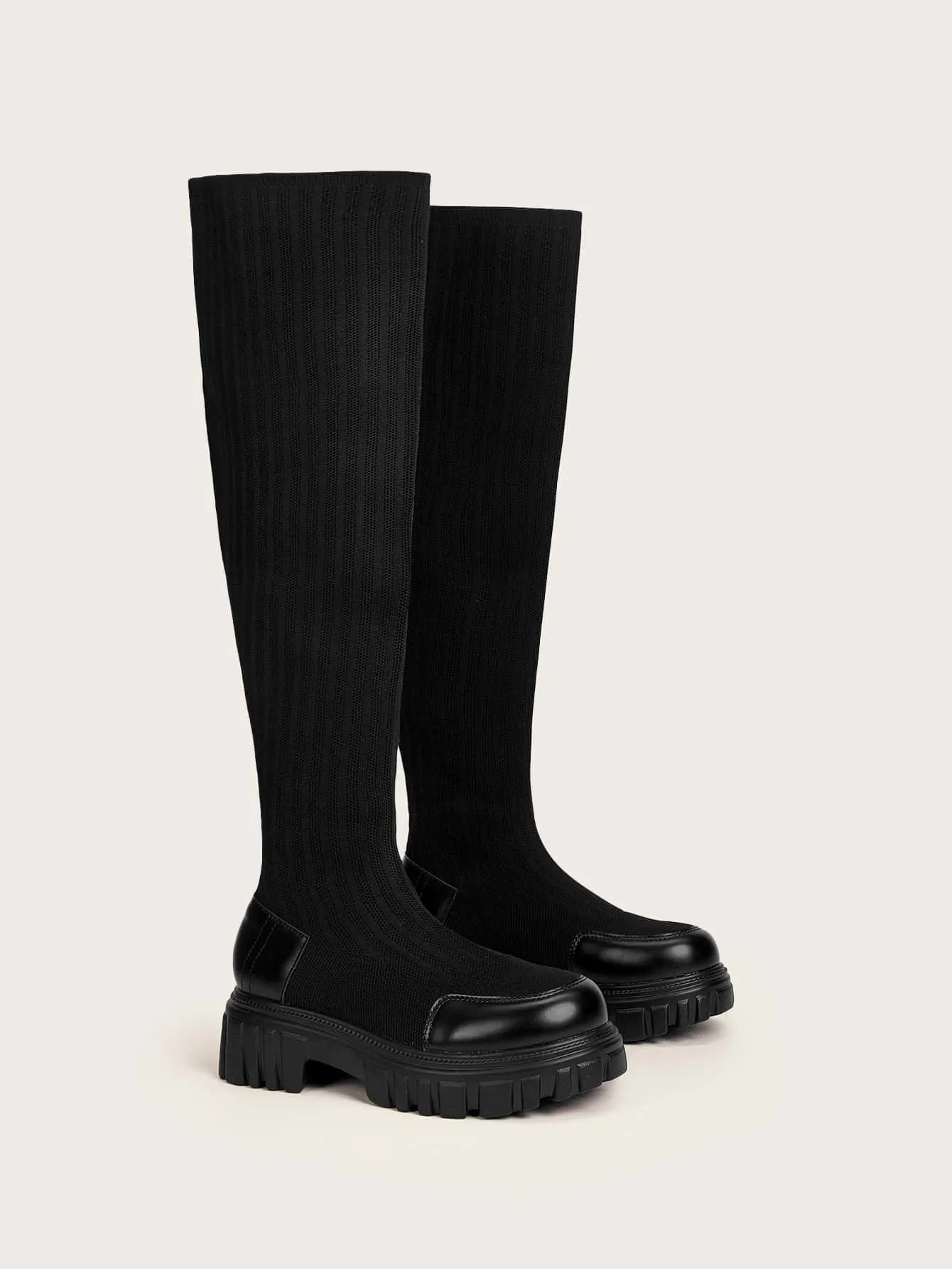 CUCCOO BIZCHIC Women Fashion Minimalist Thick Sole Knit Slip On Black Over The Knee Boots For Summer Vacation Shoes Summer Sale