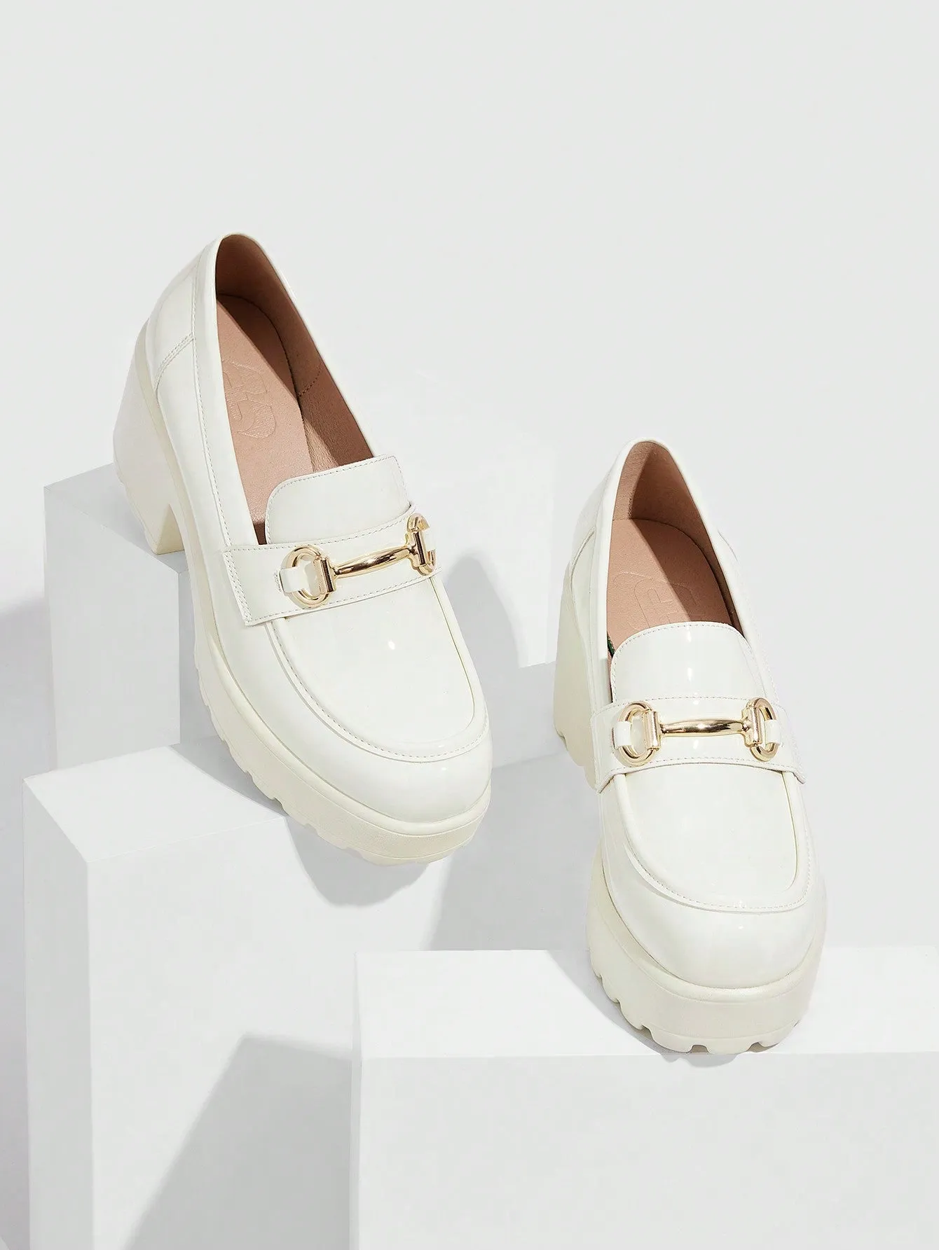 CUCCOO BIZCHIC Women Metal Decor Platform Shoes, Preppy Beige Platform Loafers For Outdoor Vacation Shoes Summer Sale