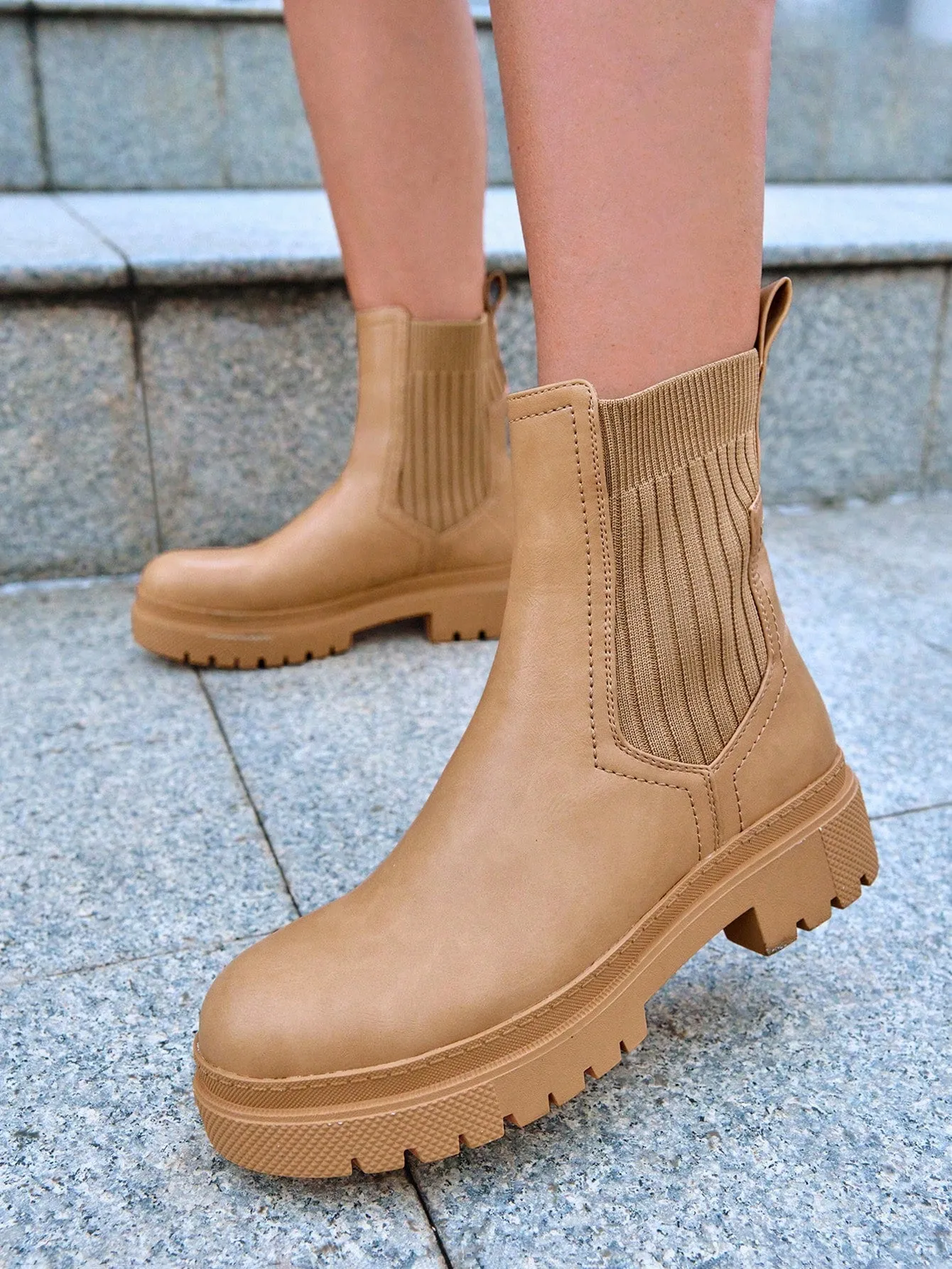 CUCCOO DOLLMOD Women Shoes Knit Detail Slip-On Thick Sole Elegant Outdoor Fashion Khaki Combat Boots Vacation Shoes Summer Sale