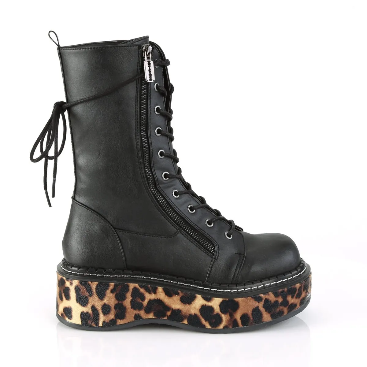 Demona EMILY-350 Mid-Calf Boots - Black Leopard Print Vegan Leather