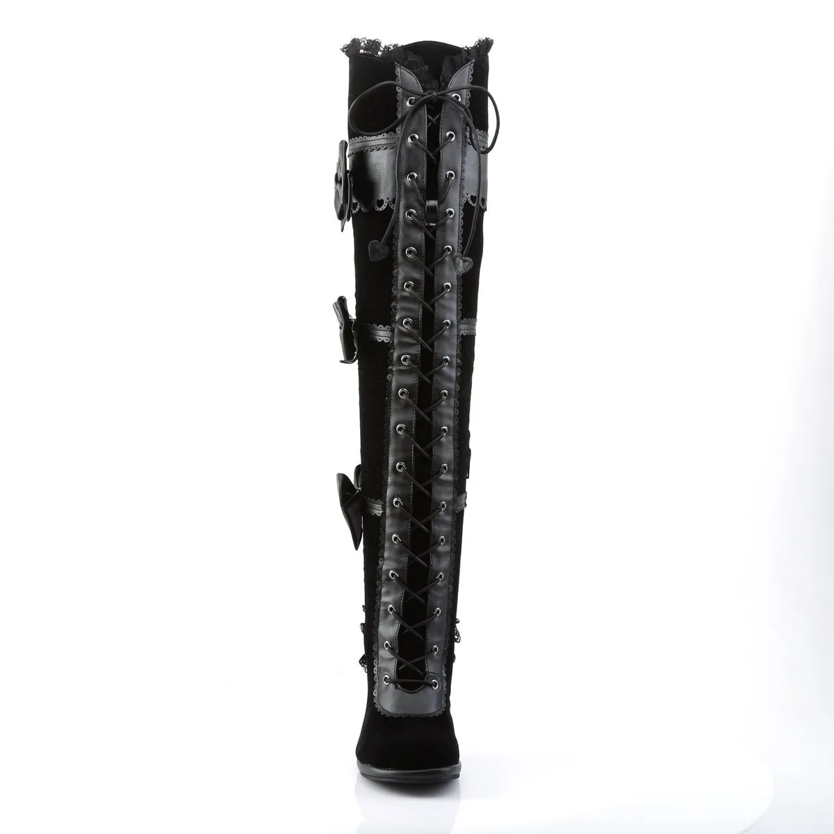 Demonia GLAM-300 | Black Vegan Leather & Velvet Above Knee Boots