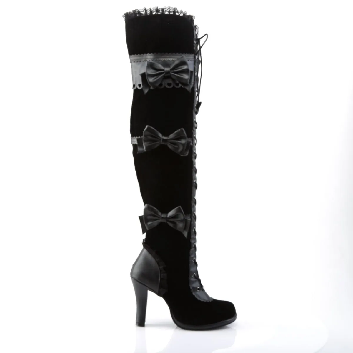 Demonia GLAM-300 | Black Vegan Leather & Velvet Above Knee Boots
