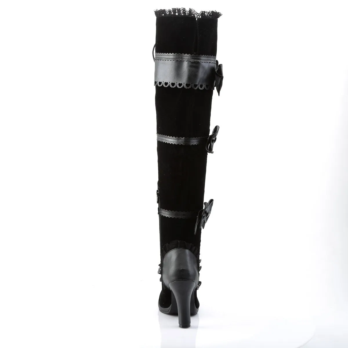 Demonia GLAM-300 | Black Vegan Leather & Velvet Above Knee Boots