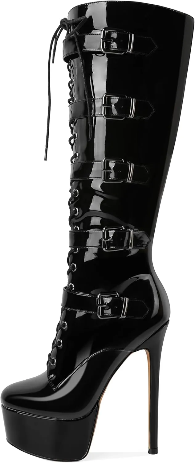 Eldof Women's Knee-High Boots Platform Lace Up High Heeled Stiletto Sexy Boot for Party