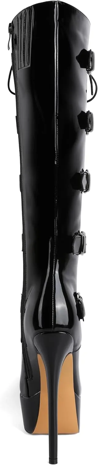 Eldof Women's Knee-High Boots Platform Lace Up High Heeled Stiletto Sexy Boot for Party