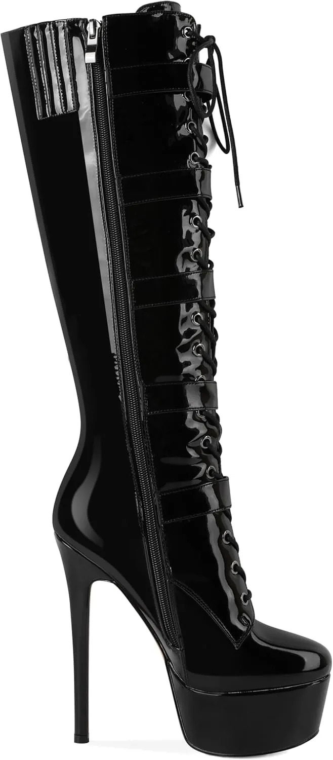 Eldof Women's Knee-High Boots Platform Lace Up High Heeled Stiletto Sexy Boot for Party