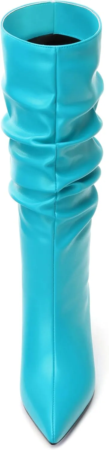FOGEENA Mid Calf Boots for Women Slouchy Kitten Low Heel Pointed Toe 2.5 Inch Pull on Boots Casual Work Prom Party Fall Shoes