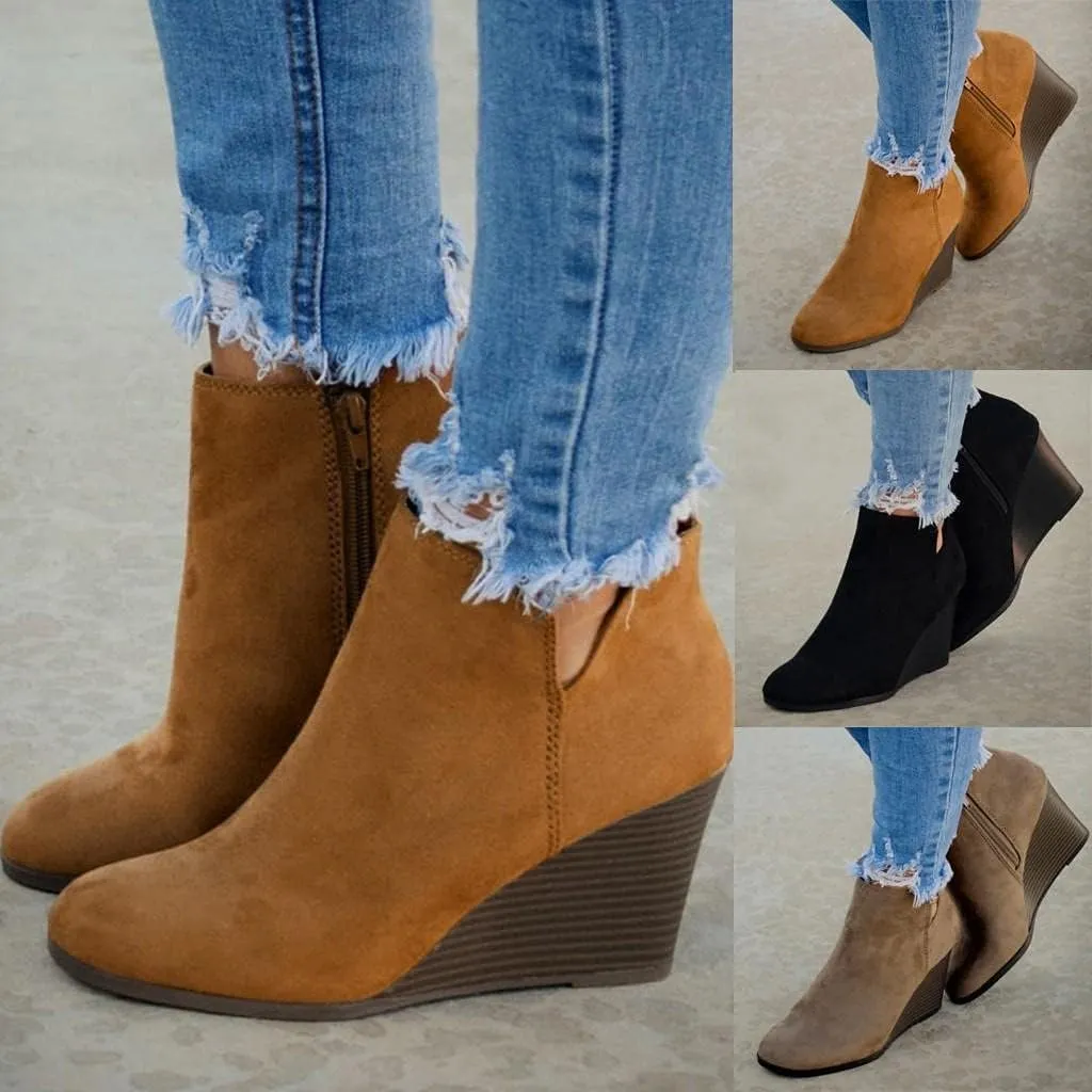 Gibobby Boots for Women Low Heel Wedge Ankle Boots V Cutout Fall Dressing Stacked Chunky Heel Short Booties Casual Shoes