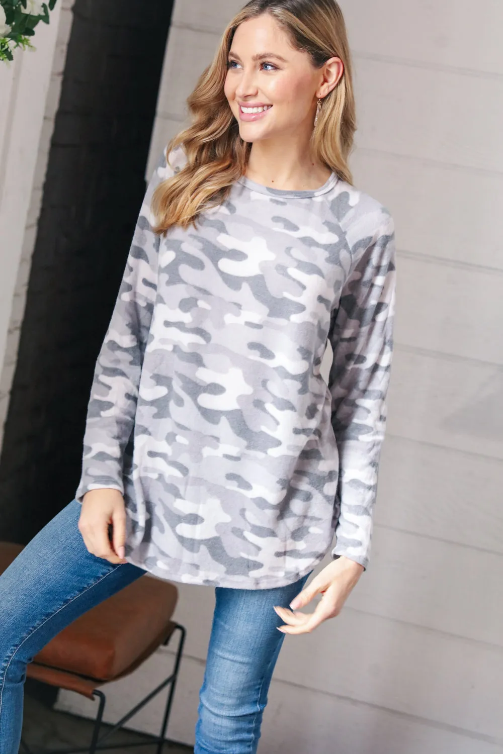 Grey Soft Hacci Camo Top