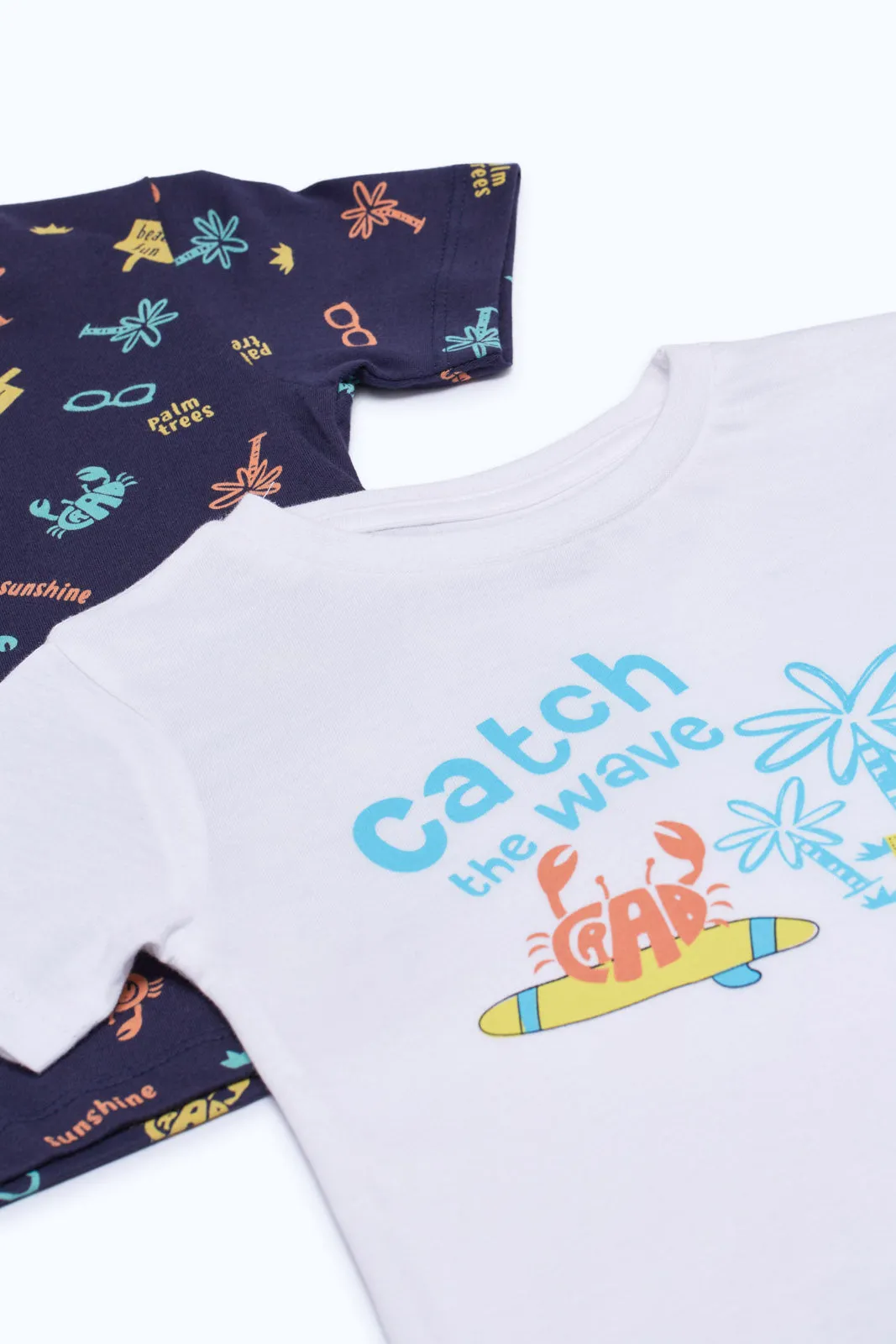 Infant Boys White And Navy Printed T-Shirt Set (Pack of 2)