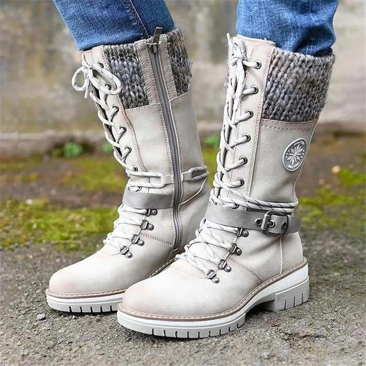Ladmiple Combat Boots Womens Mid Calf Ankle Bootie Winter Side Zipper Low Heel Western Military Motorcycle Riding Biker Boots