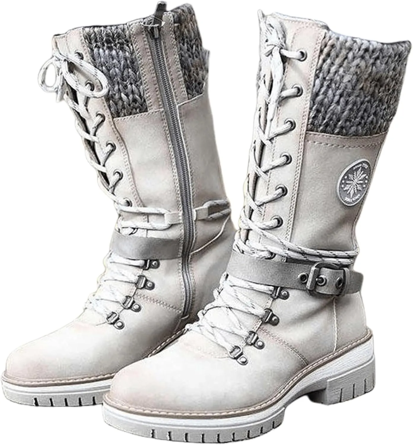 Ladmiple Combat Boots Womens Mid Calf Ankle Bootie Winter Side Zipper Low Heel Western Military Motorcycle Riding Biker Boots