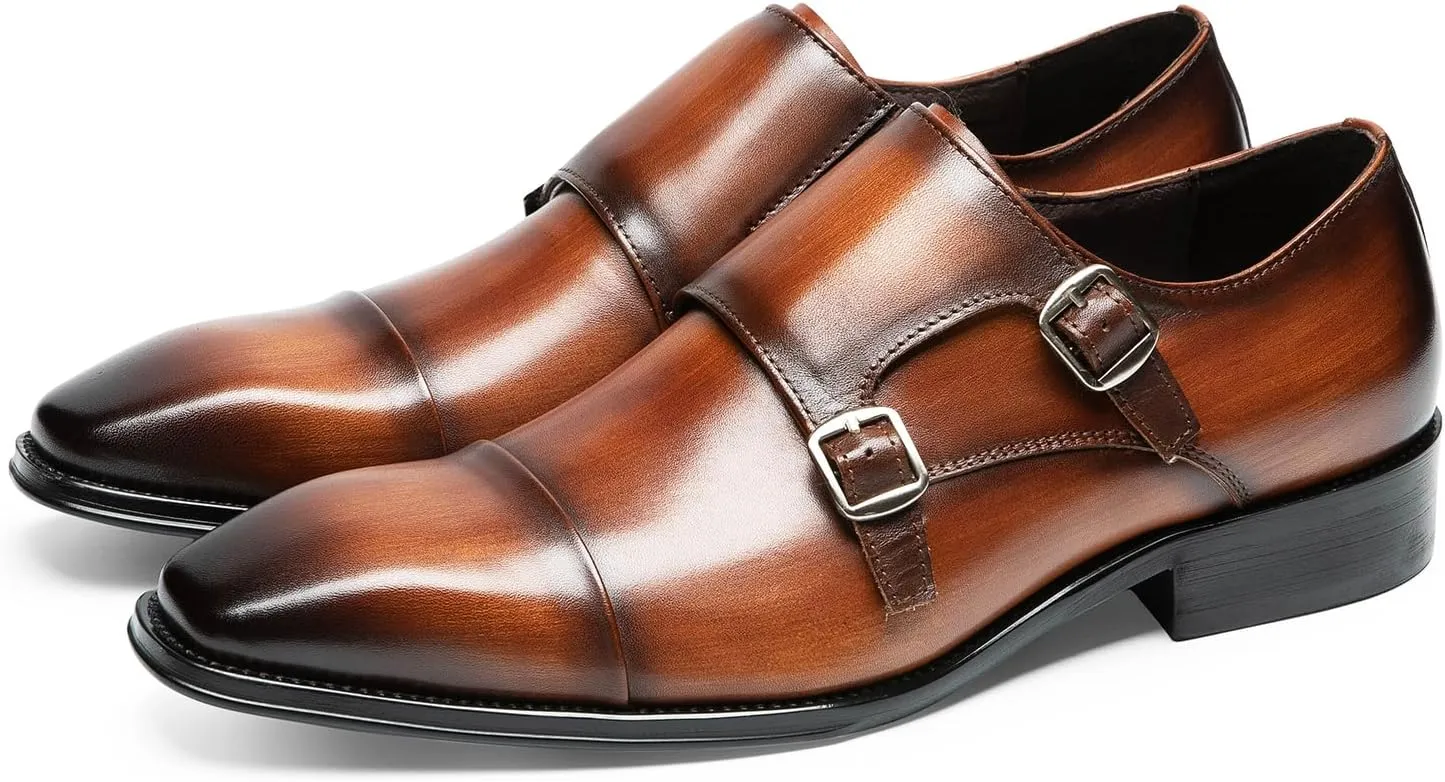 Loafers for Men - Genuine Leather Cap Toe Monk Strap Shoes | Double Buckle Dress Shoes for Business