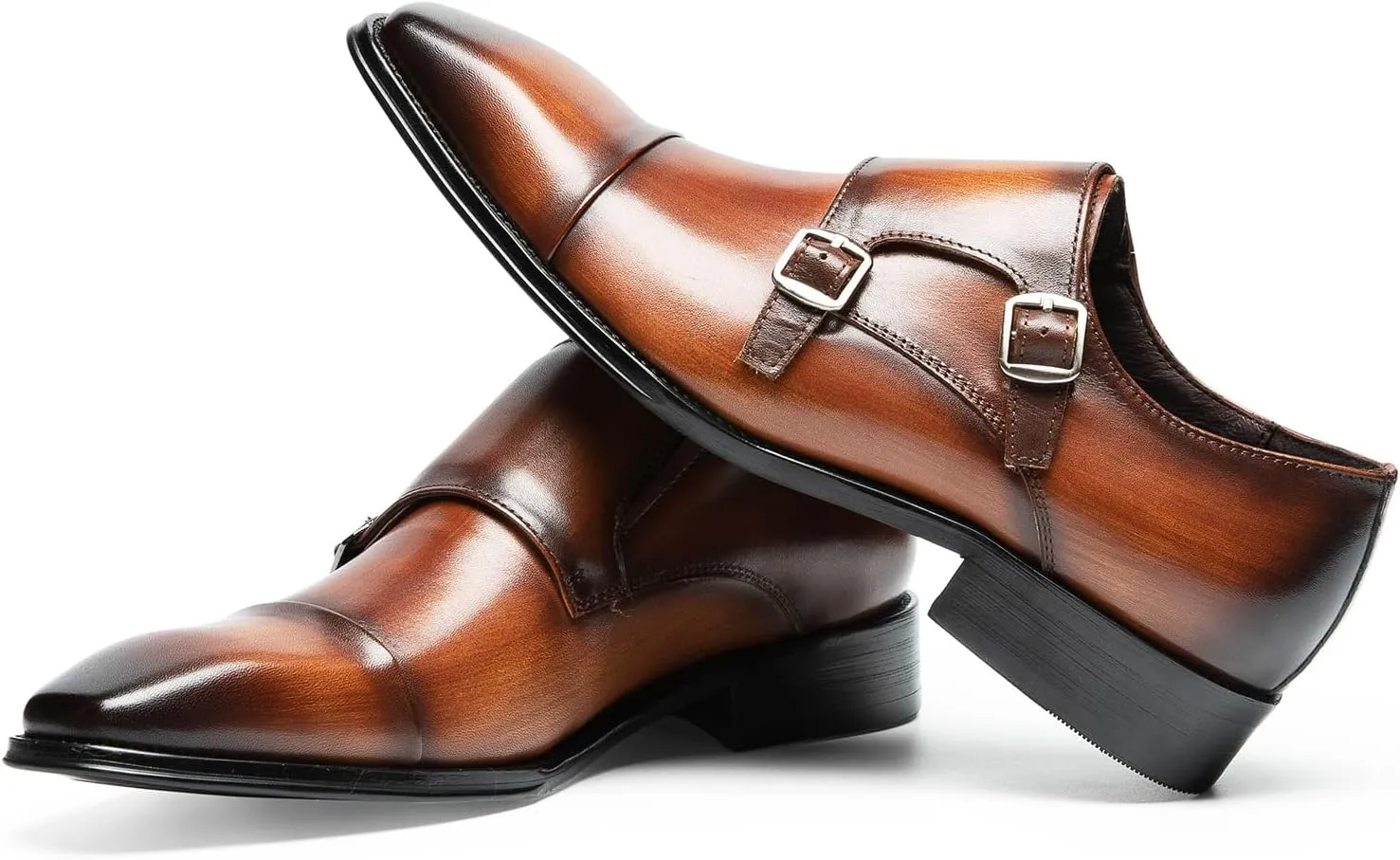 Loafers for Men - Genuine Leather Cap Toe Monk Strap Shoes | Double Buckle Dress Shoes for Business