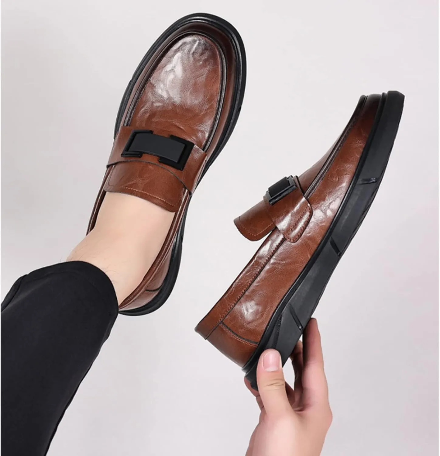 Men's Genuine Leather Business Suit Slip-On Loafers,Casual Fashion Suit Leather Walking Dress Shoes,Fashion Beanie Shoes.