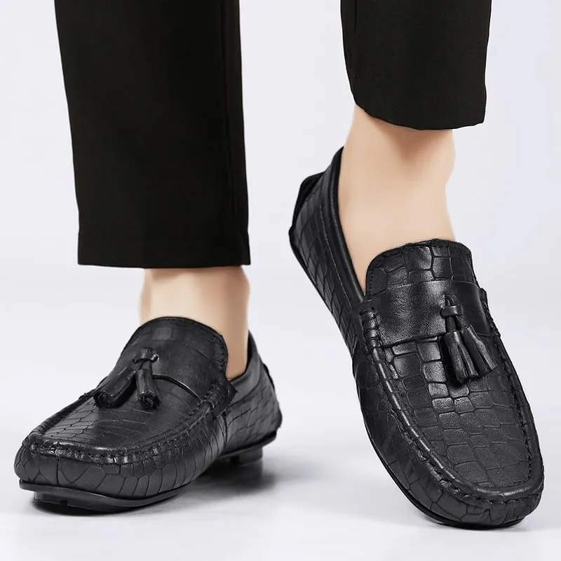 Mens Loafers Shoe Round Toe PU Leather Stone Pattern with Tassel Driving Loafers Lightweight Flat Heel Flexible Walking Slip-ons