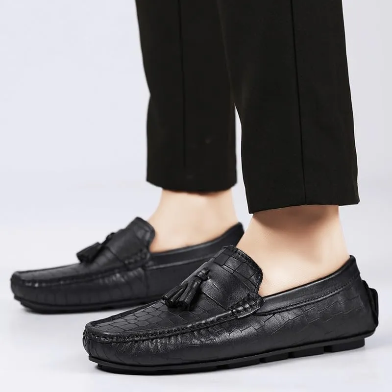 Mens Loafers Shoe Round Toe PU Leather Stone Pattern with Tassel Driving Loafers Lightweight Flat Heel Flexible Walking Slip-ons