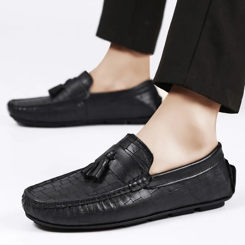 Mens Loafers Shoe Round Toe PU Leather Stone Pattern with Tassel Driving Loafers Lightweight Flat Heel Flexible Walking Slip-ons