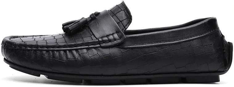Mens Loafers Shoe Round Toe PU Leather Stone Pattern with Tassel Driving Loafers Lightweight Flat Heel Flexible Walking Slip-ons