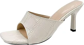 oiangi Womens Slip on Stiletto Sandals Summer Square Toe Fish Mouth Open Toe Thin Heel High Heels Slipper Solid Color Comfortable Casual Ladies Shoes