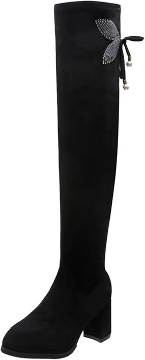 Over The Knee Boots for Women Knee High Boots Chunky Heel Rhinestone Bow Long Boots High Heel Slim Stretchy Boots